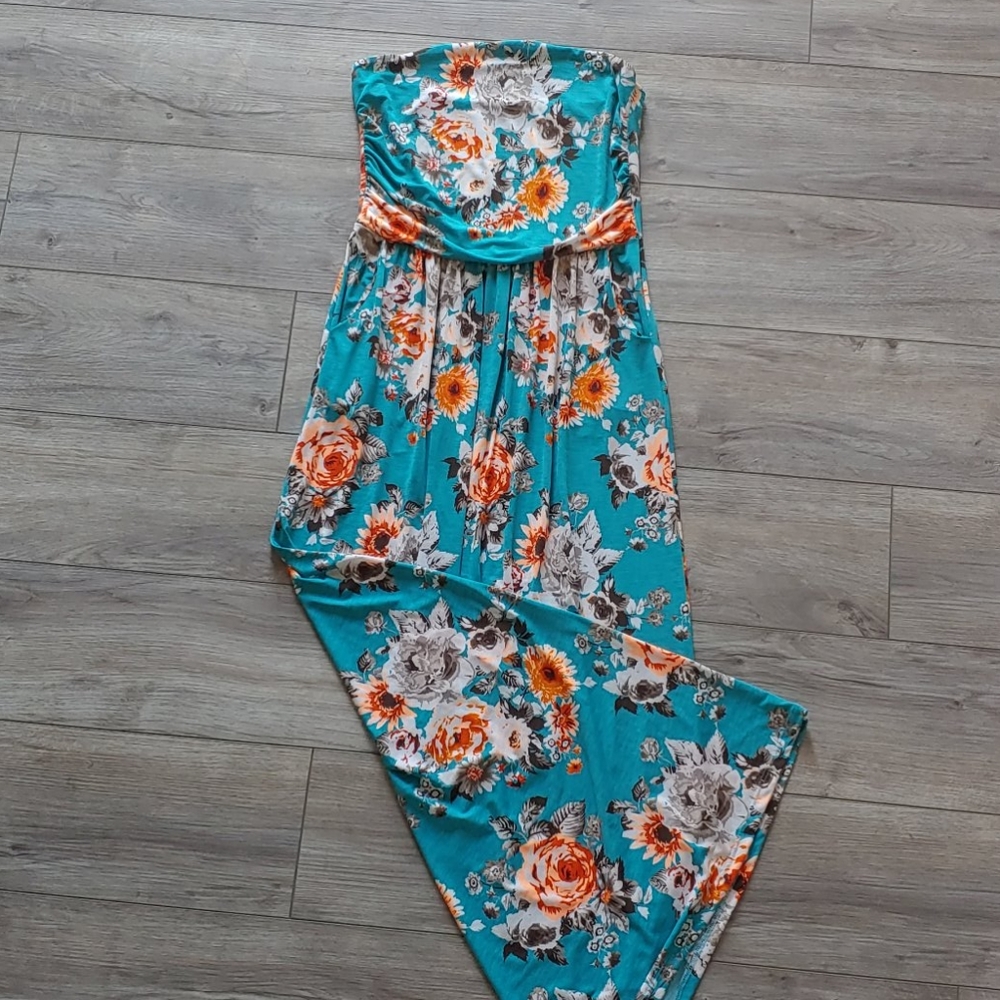 Strapless teal/floral maxi dress
